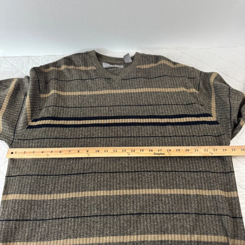 Pierre Cardin Mens‎ XL Brown Striped V-Neck 100% Cotton Ribbed Knit Sweater